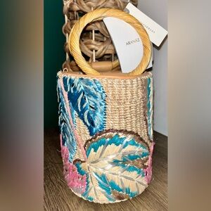 NWT Aranaz Anthropologie Straw Bucket Bag Flamingo embroidered